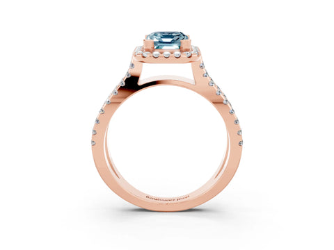 Rose gold Emerald Cut Aquamarine Halo Ring with Split Shank Pavé Band and Prong Setting_3