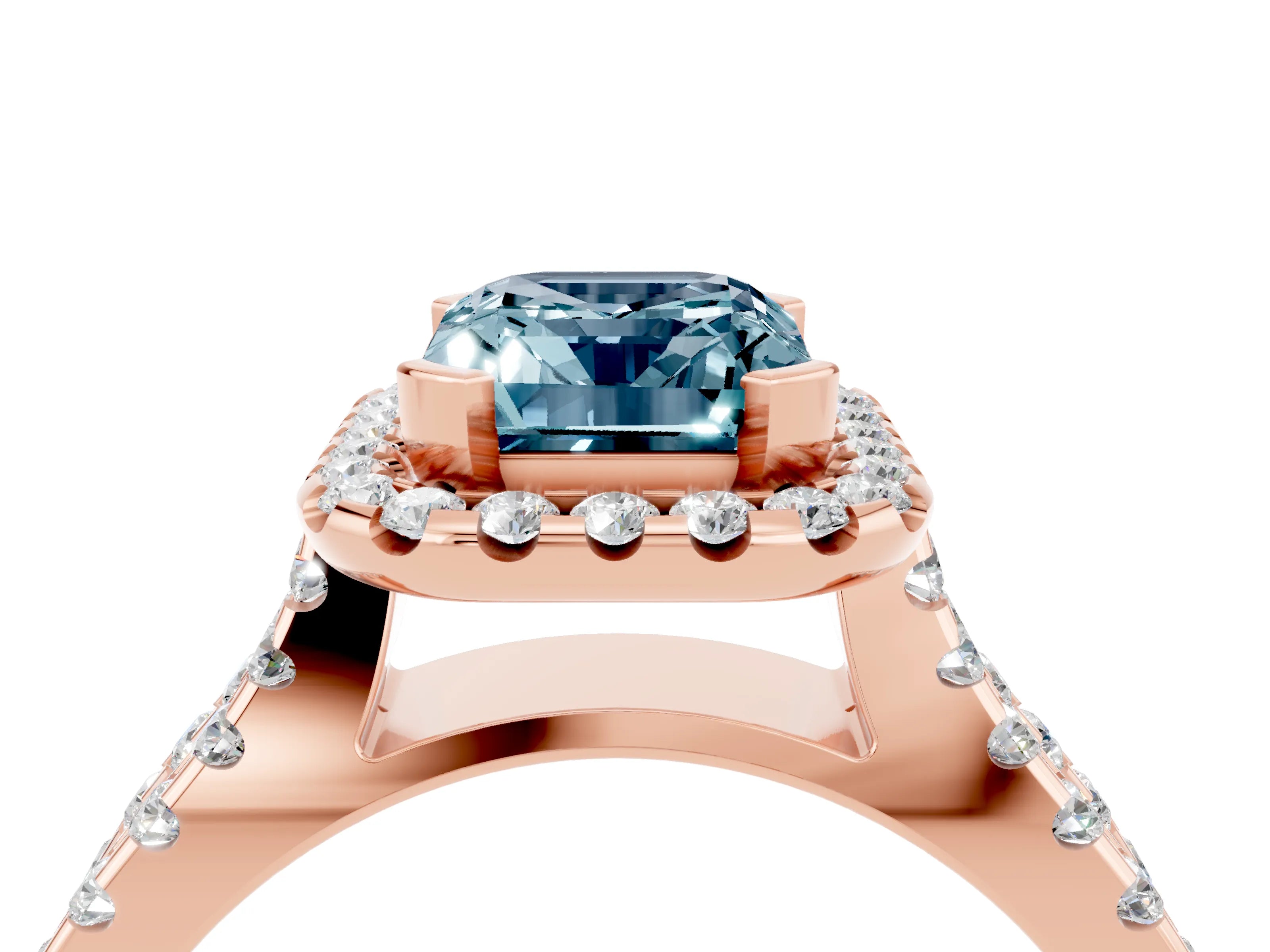 Rose gold Emerald Cut Aquamarine Halo Ring with Split Shank Pavé Band and Prong Setting_4