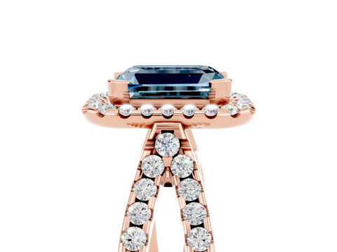 Rose gold Emerald Cut Aquamarine Halo Ring with Split Shank Pavé Band and Prong Setting_5