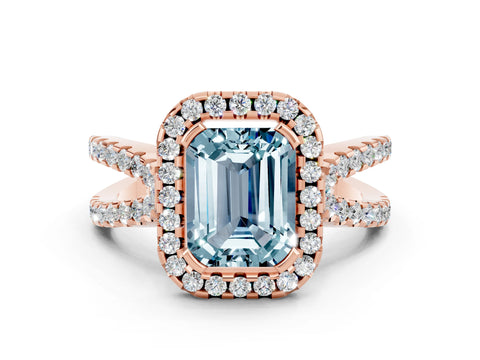 Rose gold Emerald Cut Aquamarine Halo Ring with Split Shank Pavé Band and Prong Setting