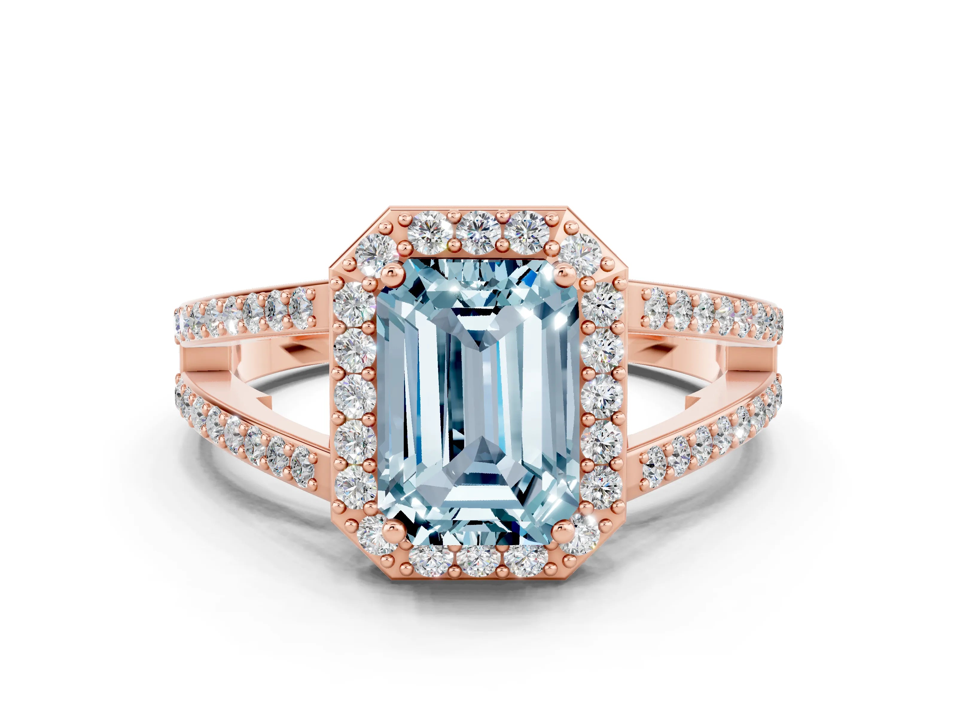 Rose gold Emerald Cut Aquamarine Halo Ring with Split Shank U-Prong Band and Four-Prong Setting
