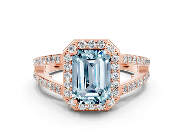 Rose gold Emerald Cut Aquamarine Halo Ring with Split Shank U-Prong Band and Four-Prong Setting