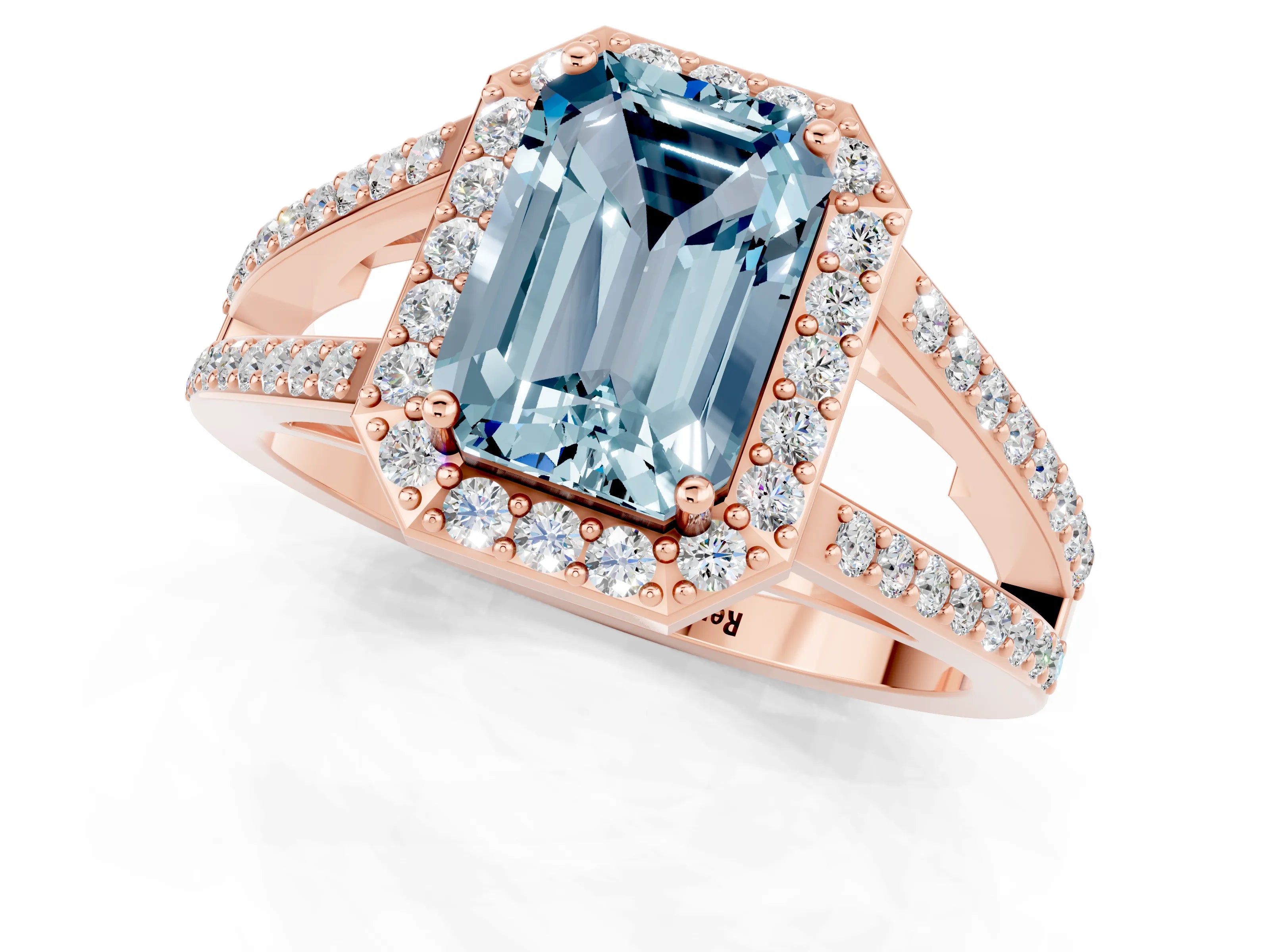 Rose gold Emerald Cut Aquamarine Halo Ring with Split Shank U-Prong Band and Four-Prong Setting_1