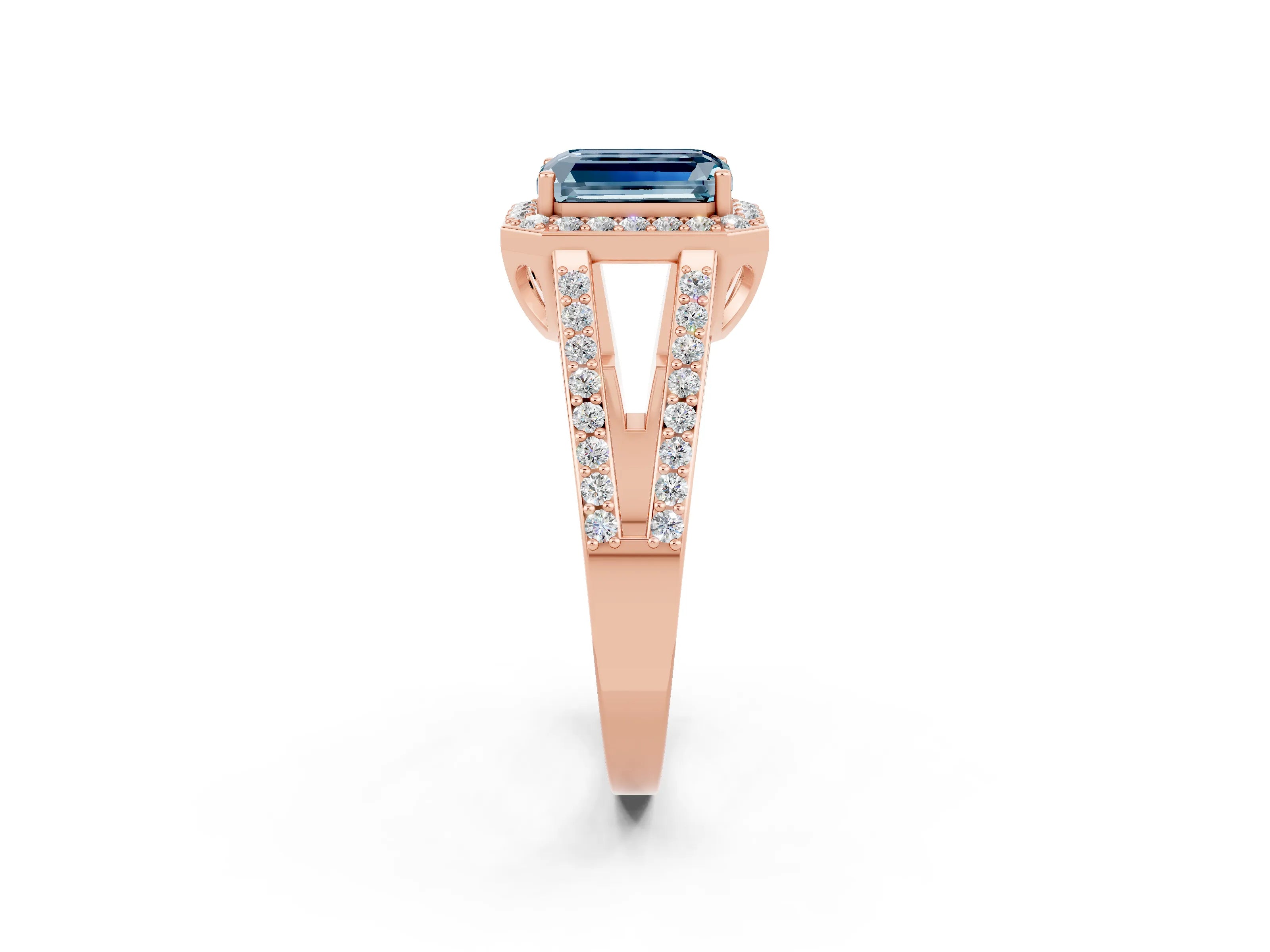 Rose gold Emerald Cut Aquamarine Halo Ring with Split Shank U-Prong Band and Four-Prong Setting_2