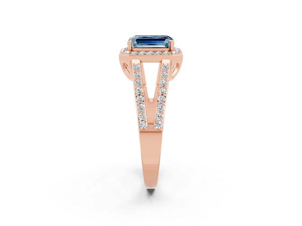 Rose gold Emerald Cut Aquamarine Halo Ring with Split Shank U-Prong Band and Four-Prong Setting