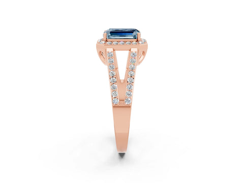 Rose gold Emerald Cut Aquamarine Halo Ring with Split Shank U-Prong Band and Four-Prong Setting_2