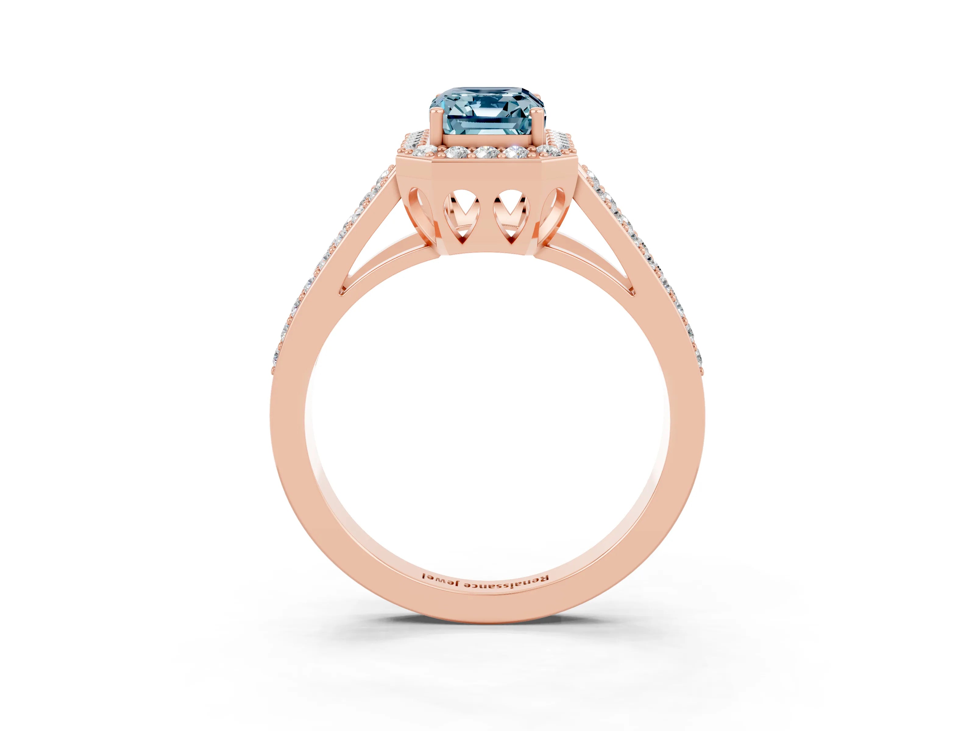 Rose gold Emerald Cut Aquamarine Halo Ring with Split Shank U-Prong Band and Four-Prong Setting_3
