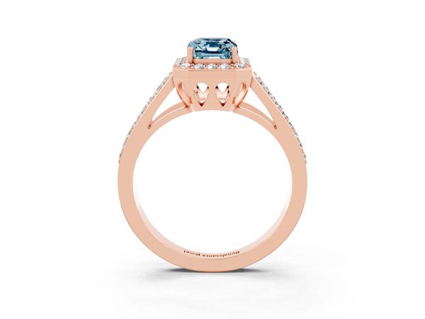 Rose gold Emerald Cut Aquamarine Halo Ring with Split Shank U-Prong Band and Four-Prong Setting