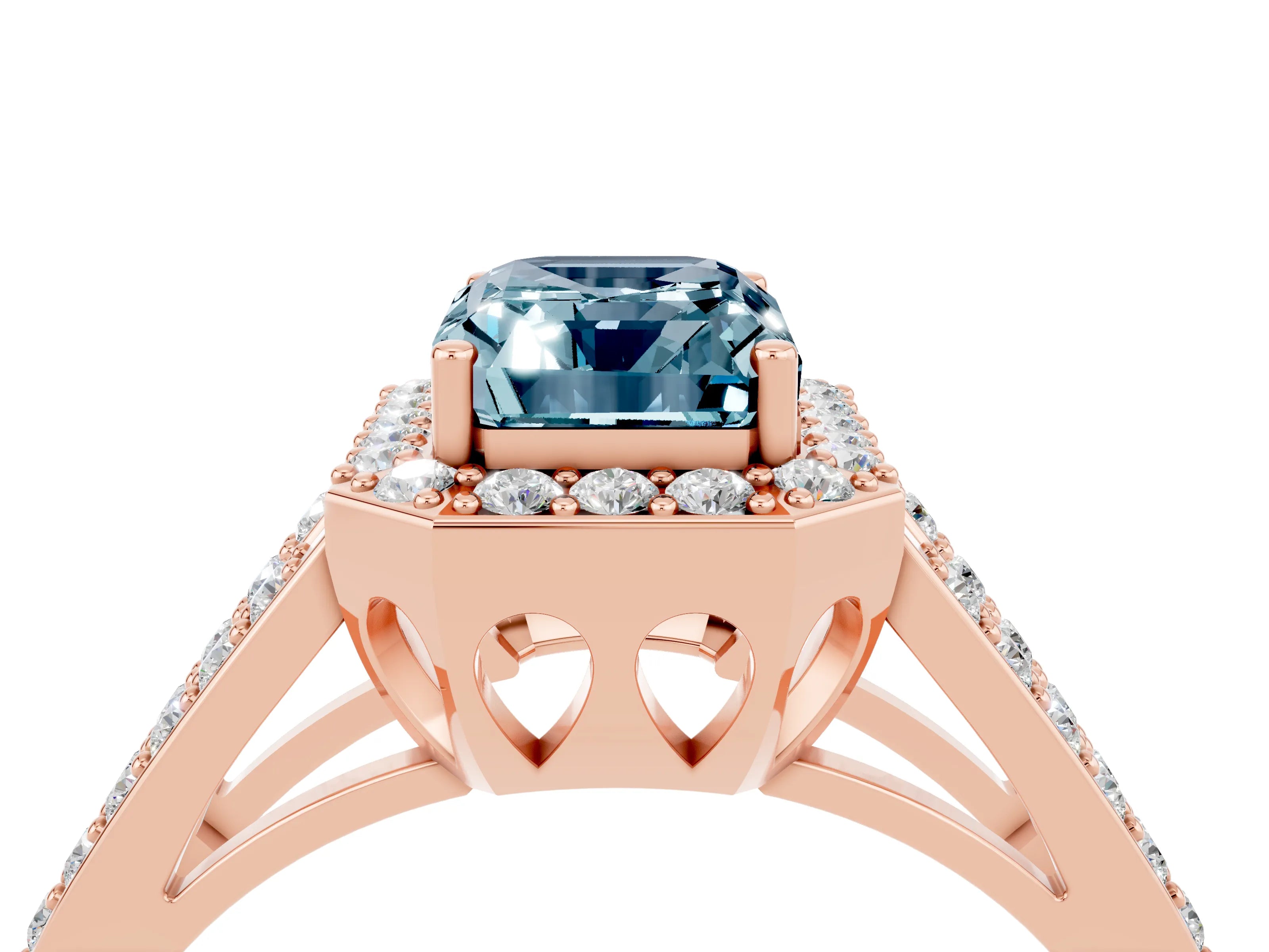Rose gold Emerald Cut Aquamarine Halo Ring with Split Shank U-Prong Band and Four-Prong Setting_4