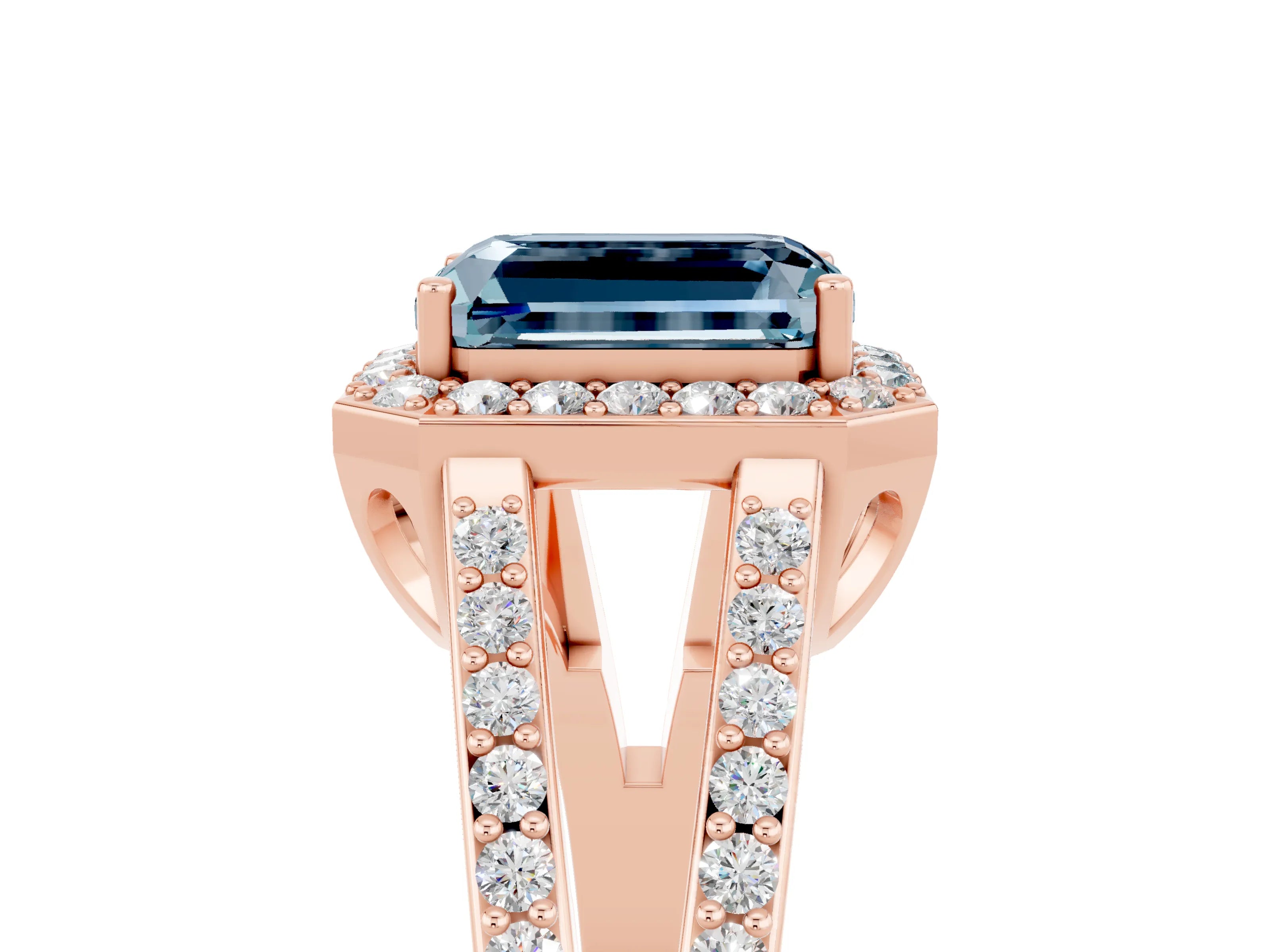 Rose gold Emerald Cut Aquamarine Halo Ring with Split Shank U-Prong Band and Four-Prong Setting_5