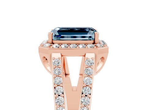 Rose gold Emerald Cut Aquamarine Halo Ring with Split Shank U-Prong Band and Four-Prong Setting_5