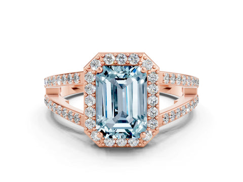 Rose gold Emerald Cut Aquamarine Halo Ring with Split Shank U-Prong Band and Four-Prong Setting