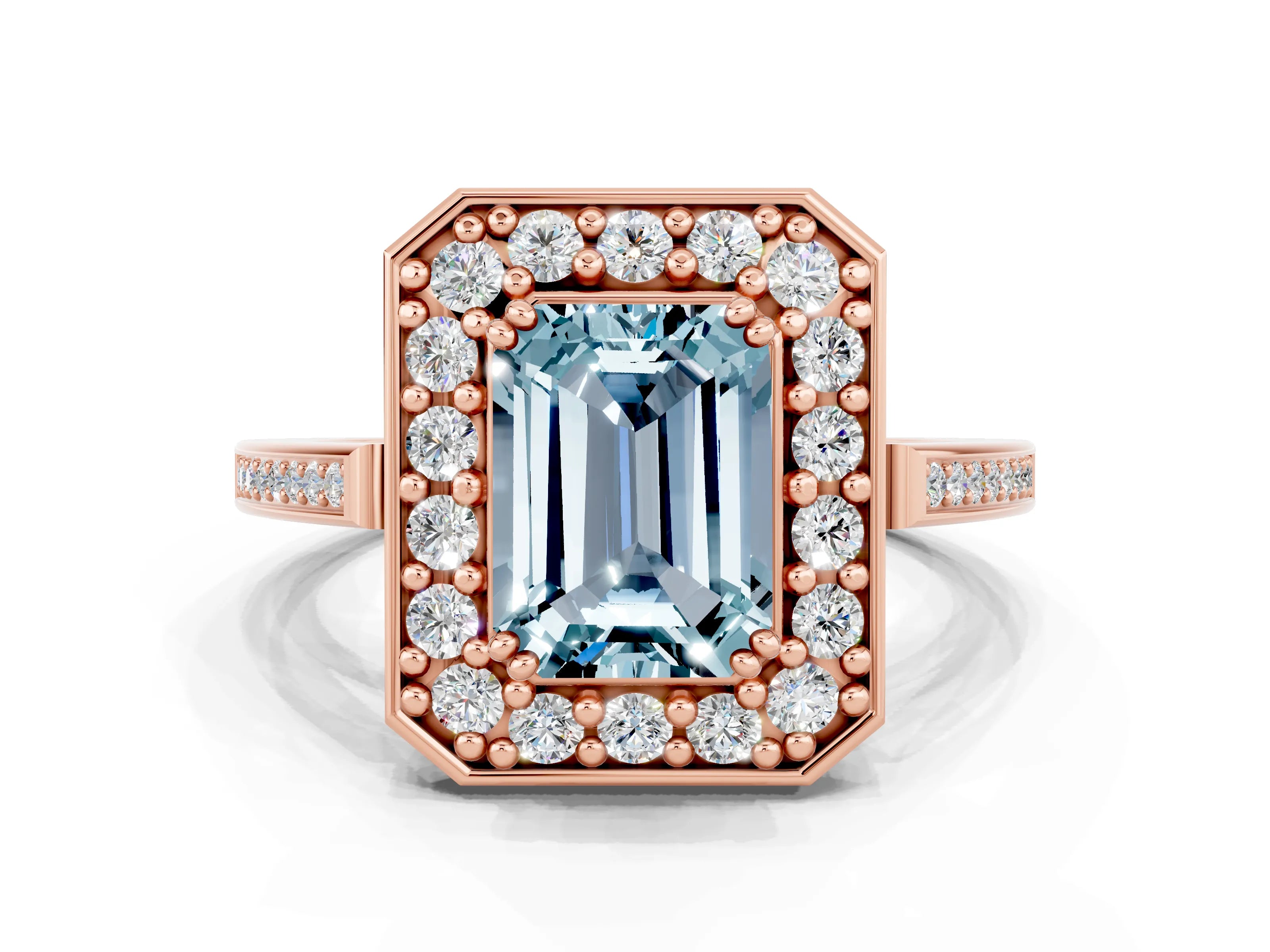 Rose gold Emerald Cut Aquamarine Halo Ring with Split Shank and Four-Prong Setting
