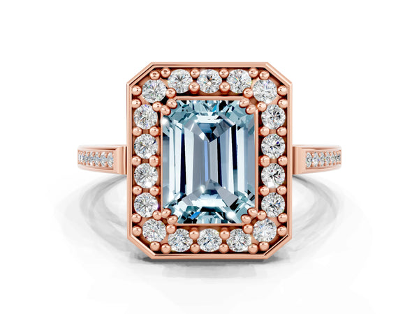 Rose gold Emerald Cut Aquamarine Halo Ring with Split Shank and Four-Prong Setting
