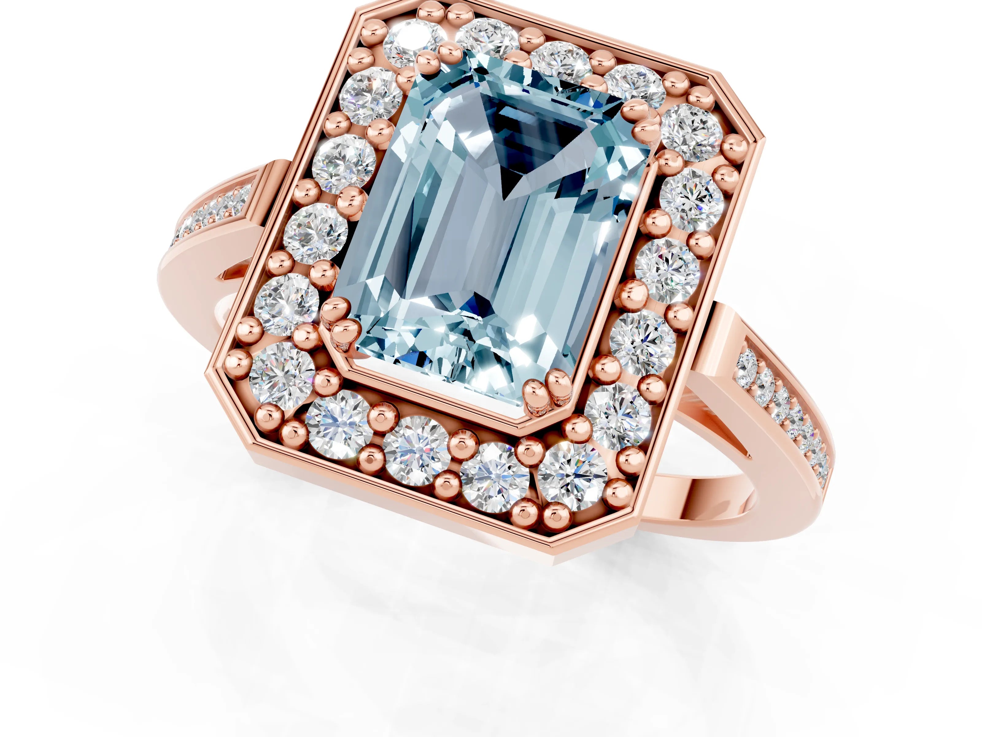 Rose gold Emerald Cut Aquamarine Halo Ring with Split Shank and Four-Prong Setting_1