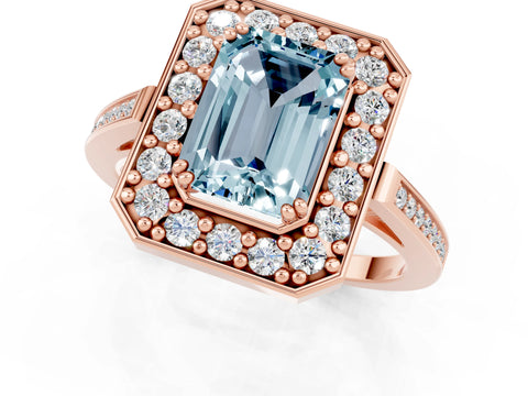 Rose gold Emerald Cut Aquamarine Halo Ring with Split Shank and Four-Prong Setting_1