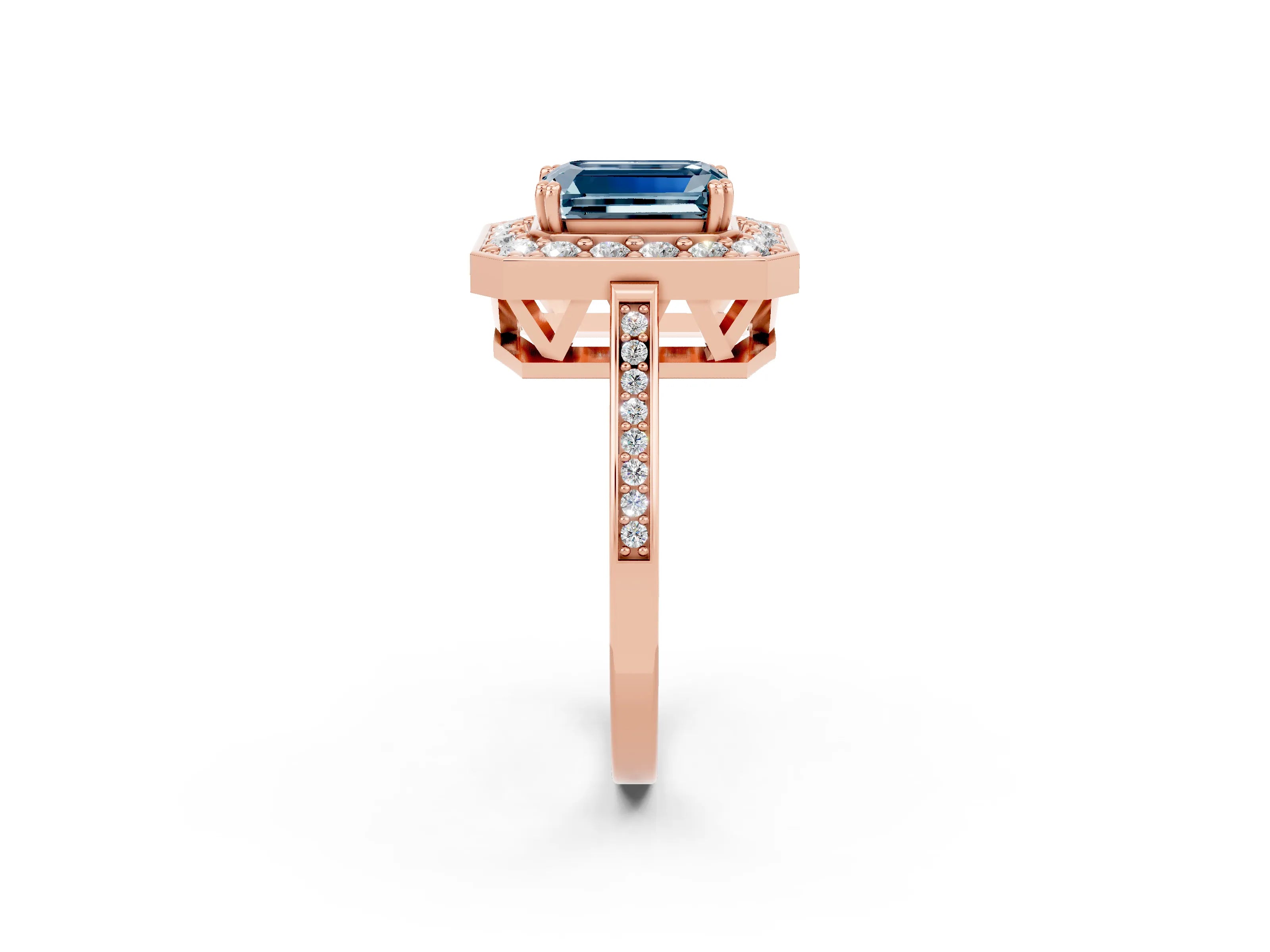 Rose gold Emerald Cut Aquamarine Halo Ring with Split Shank and Four-Prong Setting_2