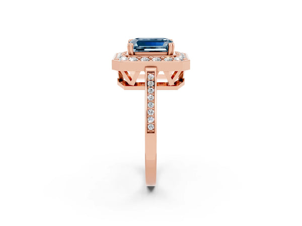Rose gold Emerald Cut Aquamarine Halo Ring with Split Shank and Four-Prong Setting
