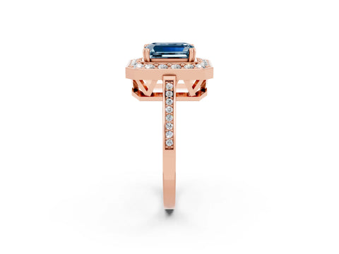 Rose gold Emerald Cut Aquamarine Halo Ring with Split Shank and Four-Prong Setting_2