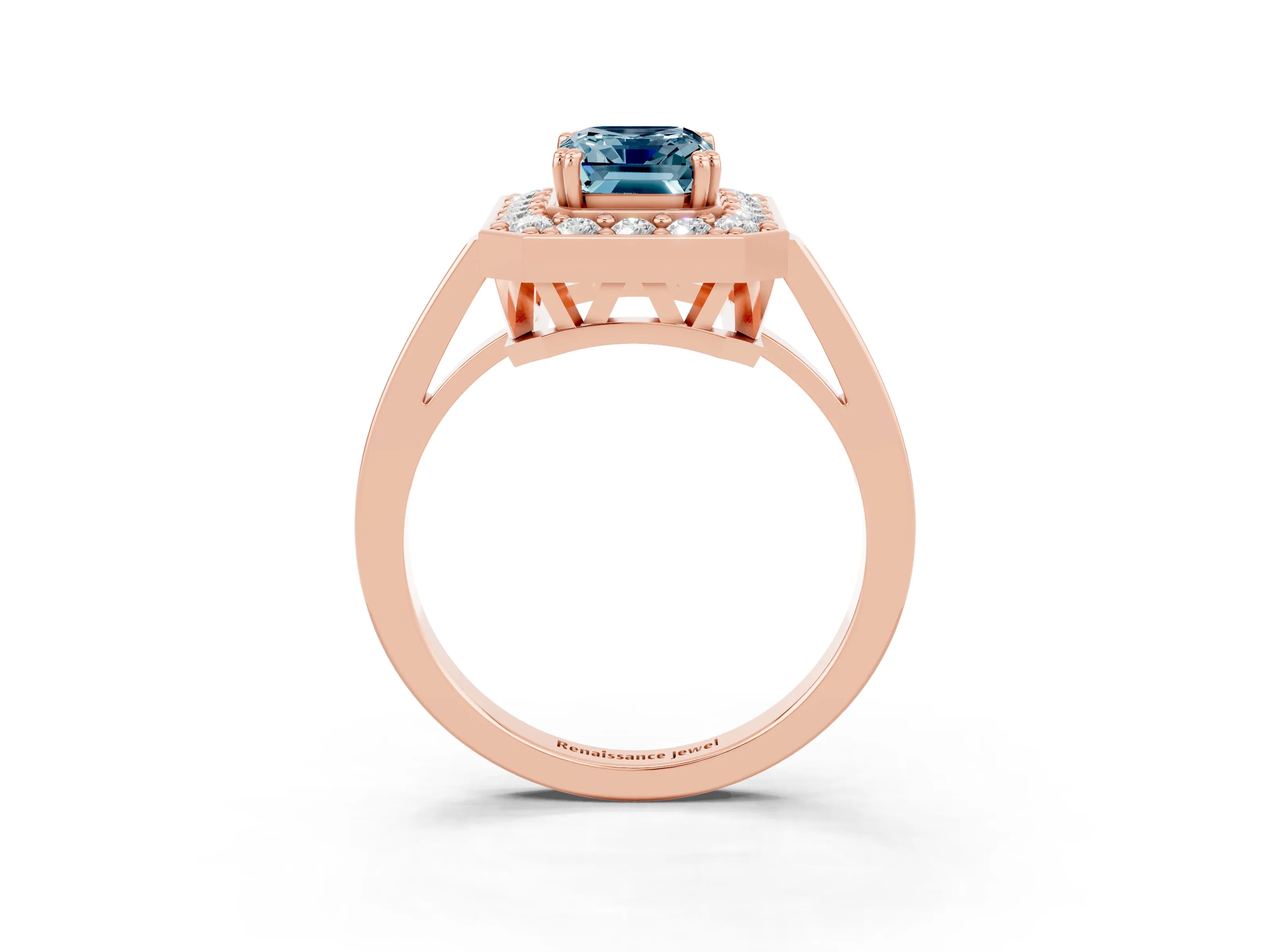 Rose gold Emerald Cut Aquamarine Halo Ring with Split Shank and Four-Prong Setting_3