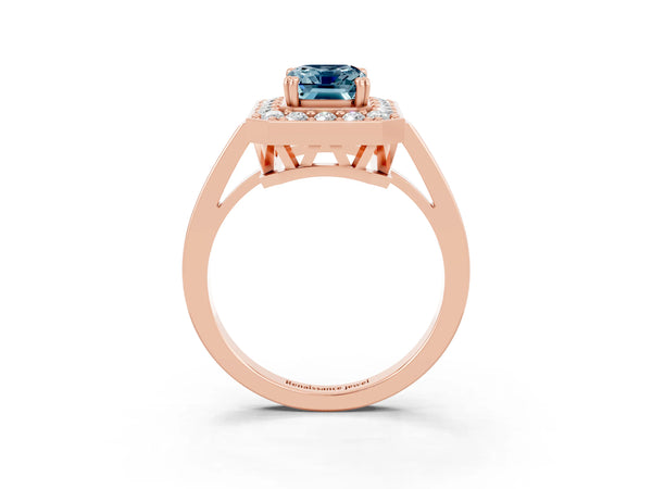 Rose gold Emerald Cut Aquamarine Halo Ring with Split Shank and Four-Prong Setting