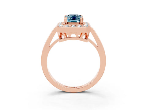 Rose gold Emerald Cut Aquamarine Halo Ring with Split Shank and Four-Prong Setting_3