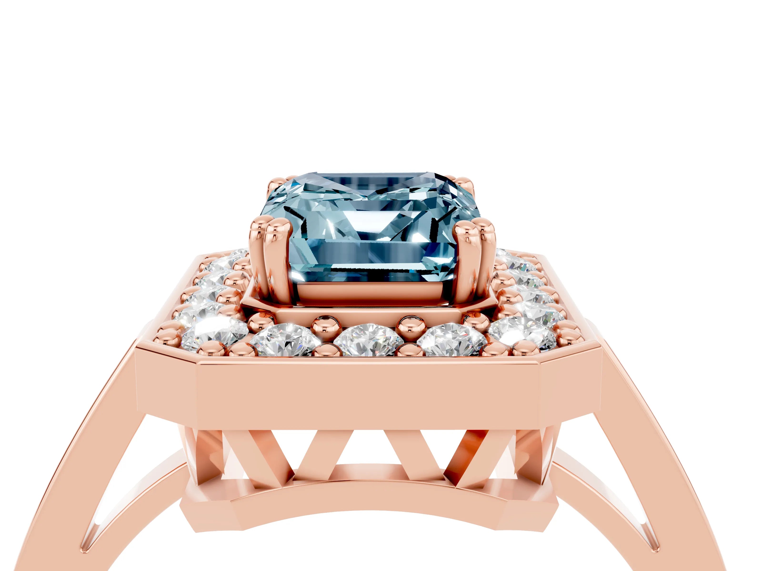 Rose gold Emerald Cut Aquamarine Halo Ring with Split Shank and Four-Prong Setting_4