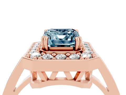 Rose gold Emerald Cut Aquamarine Halo Ring with Split Shank and Four-Prong Setting_4
