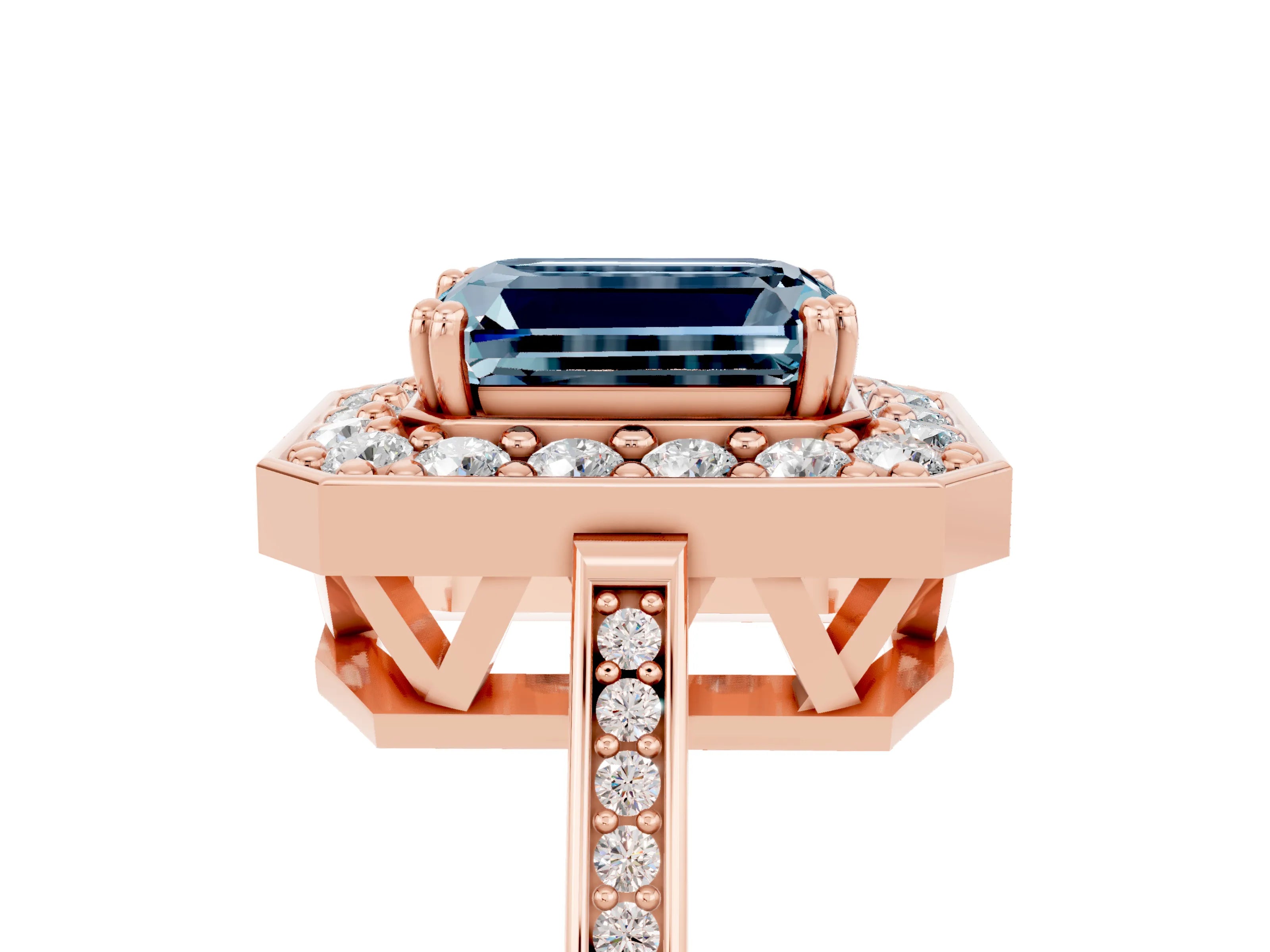 Rose gold Emerald Cut Aquamarine Halo Ring with Split Shank and Four-Prong Setting_5