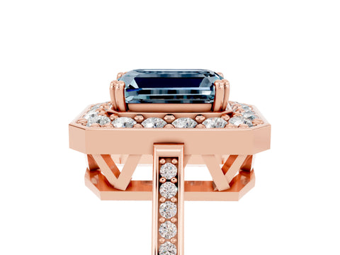 Rose gold Emerald Cut Aquamarine Halo Ring with Split Shank and Four-Prong Setting_5