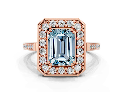 Rose gold Emerald Cut Aquamarine Halo Ring with Split Shank and Four-Prong Setting