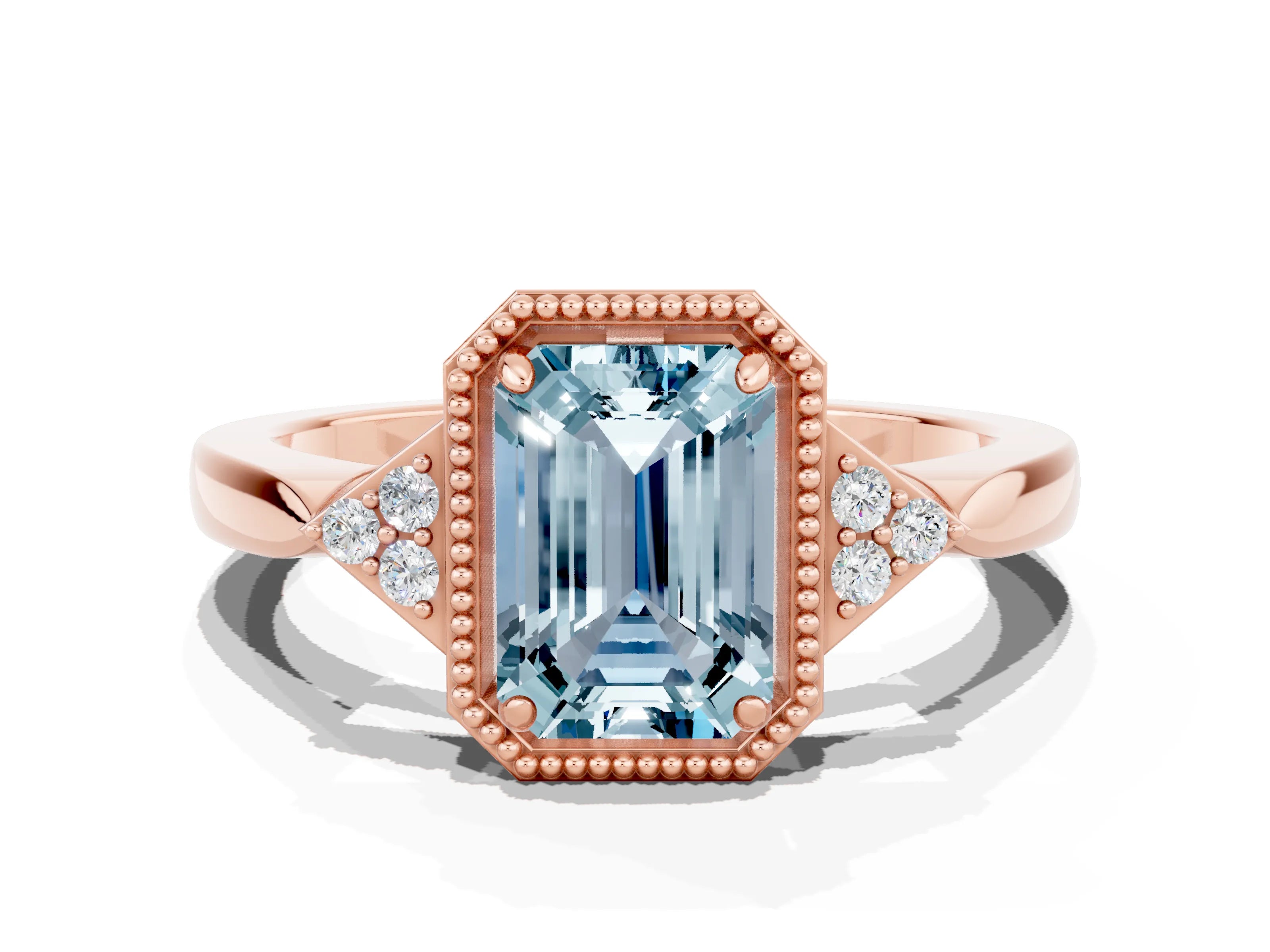Rose gold Emerald Cut Aquamarine Halo Ring with Tapered Band and Four-Prong Setting