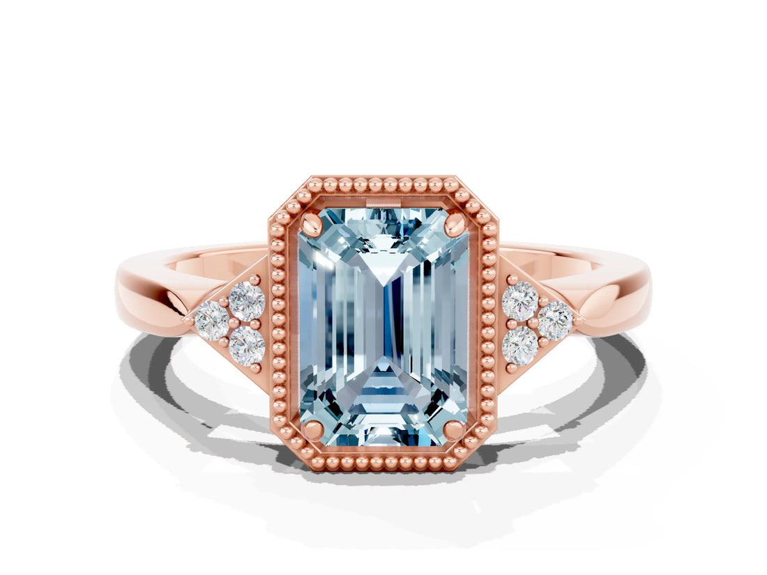Rose gold Emerald Cut Aquamarine Halo Ring with Tapered Band and Four-Prong Setting