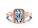 Rose gold Emerald Cut Aquamarine Halo Ring with Tapered Band and Four-Prong Setting