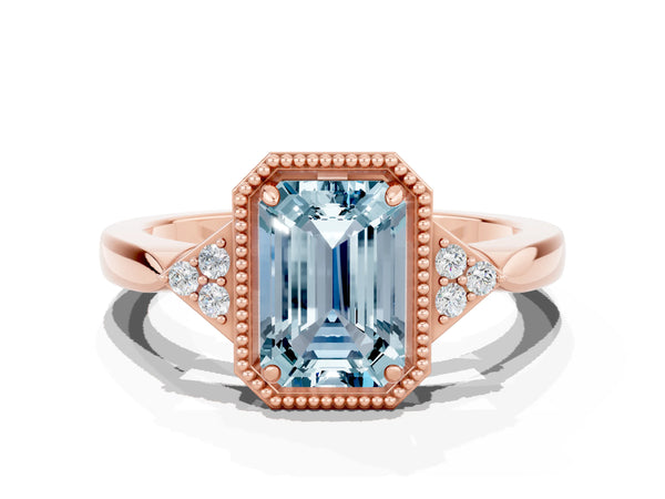 Rose gold Emerald Cut Aquamarine Halo Ring with Tapered Band and Four-Prong Setting