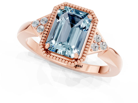Rose gold Emerald Cut Aquamarine Halo Ring with Tapered Band and Four-Prong Setting_1