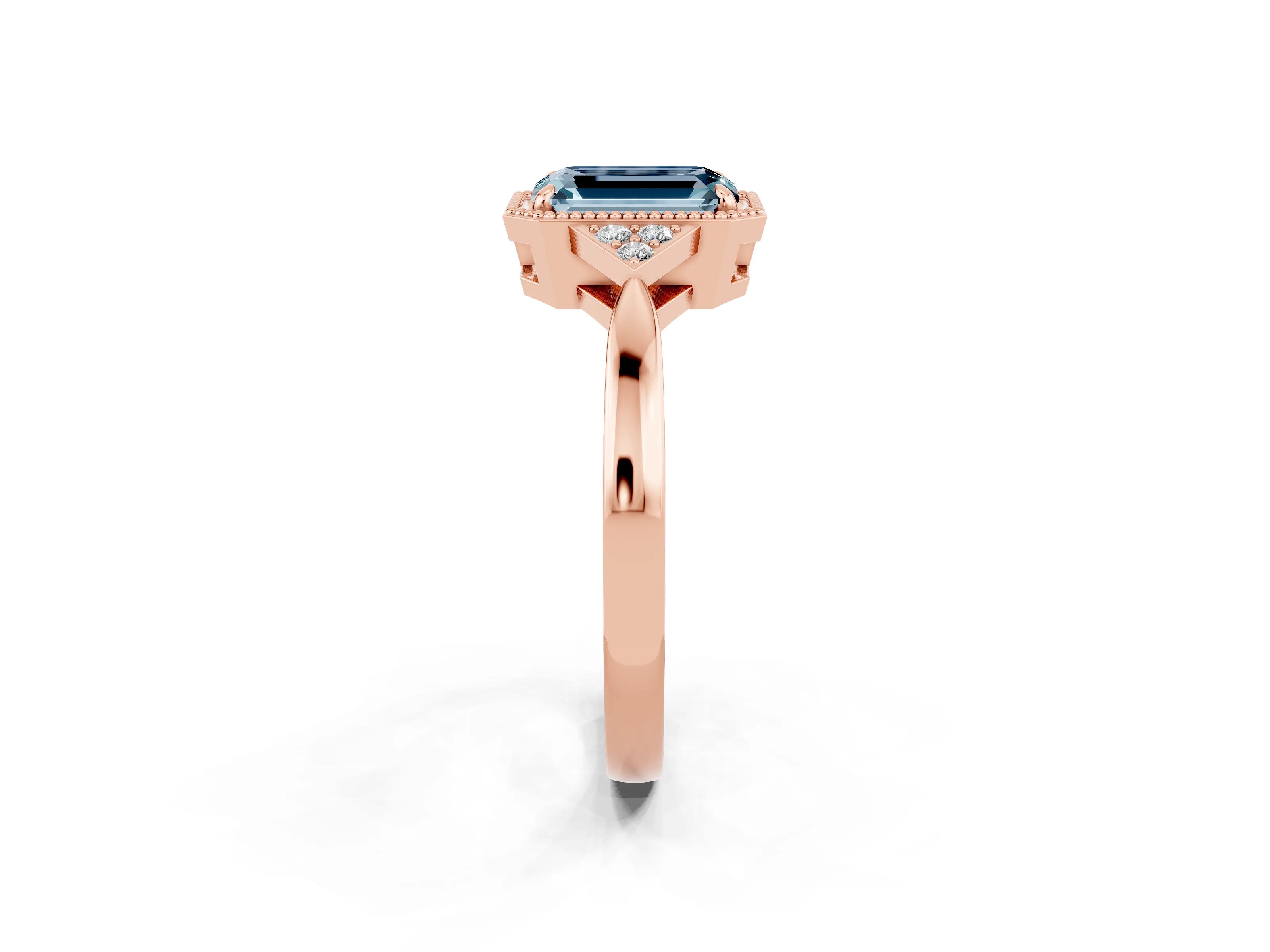 Rose gold Emerald Cut Aquamarine Halo Ring with Tapered Band and Four-Prong Setting_2