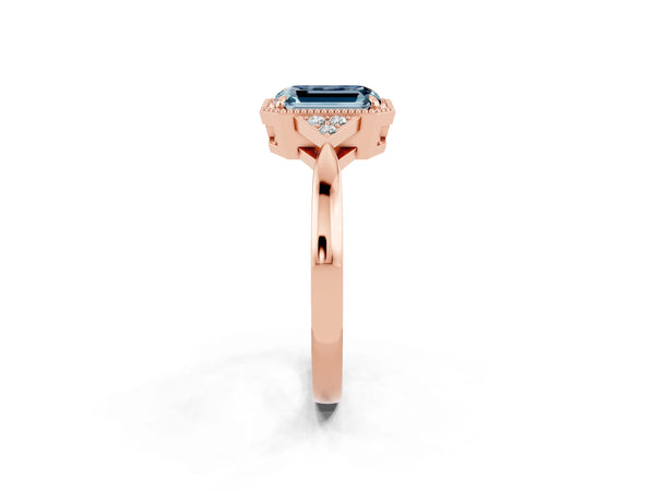 Rose gold Emerald Cut Aquamarine Halo Ring with Tapered Band and Four-Prong Setting