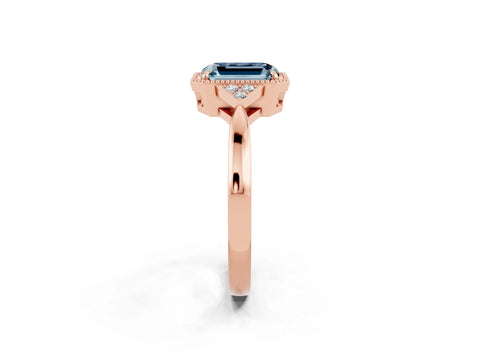 Rose gold Emerald Cut Aquamarine Halo Ring with Tapered Band and Four-Prong Setting_2