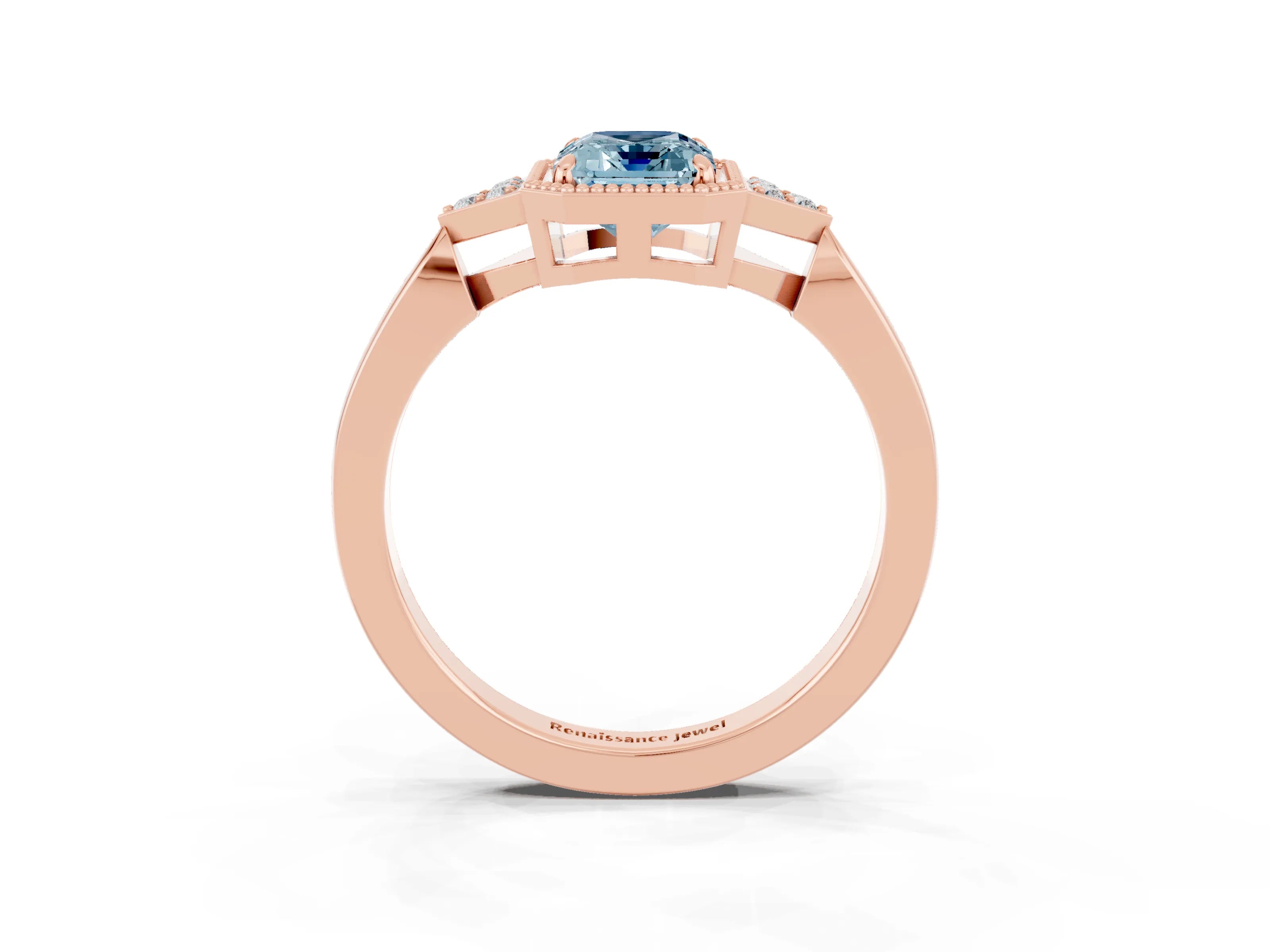 Rose gold Emerald Cut Aquamarine Halo Ring with Tapered Band and Four-Prong Setting_3