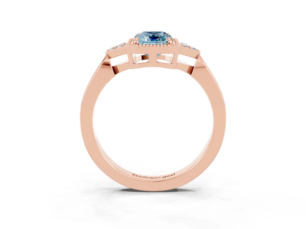 Rose gold Emerald Cut Aquamarine Halo Ring with Tapered Band and Four-Prong Setting