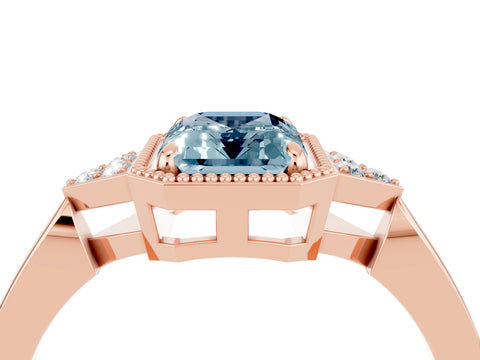 Rose gold Emerald Cut Aquamarine Halo Ring with Tapered Band and Four-Prong Setting_4