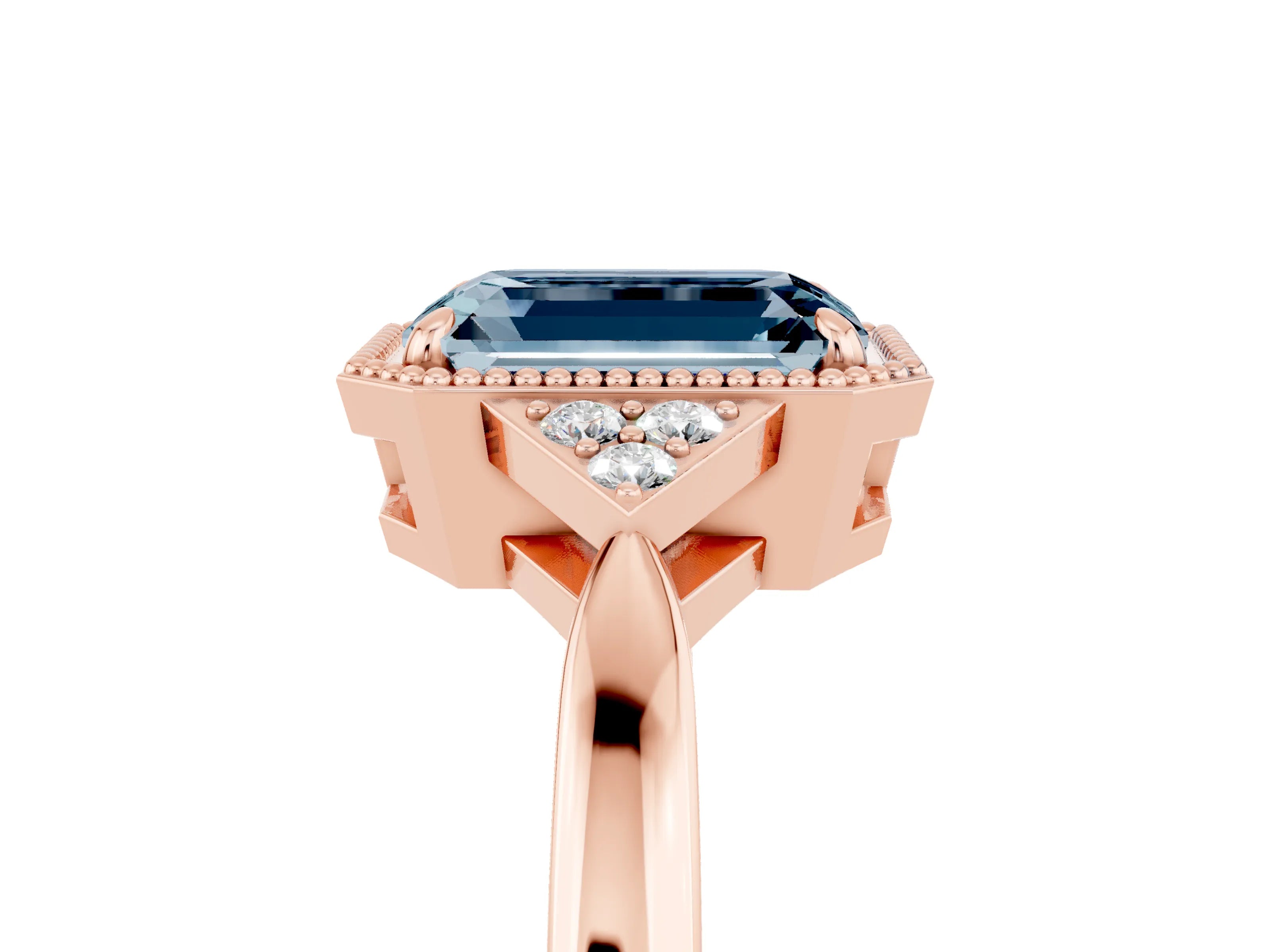 Rose gold Emerald Cut Aquamarine Halo Ring with Tapered Band and Four-Prong Setting_5
