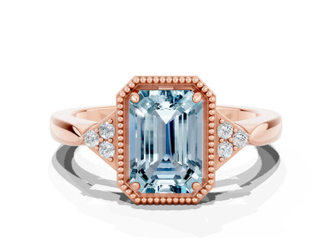 Rose gold Emerald Cut Aquamarine Halo Ring with Tapered Band and Four-Prong Setting