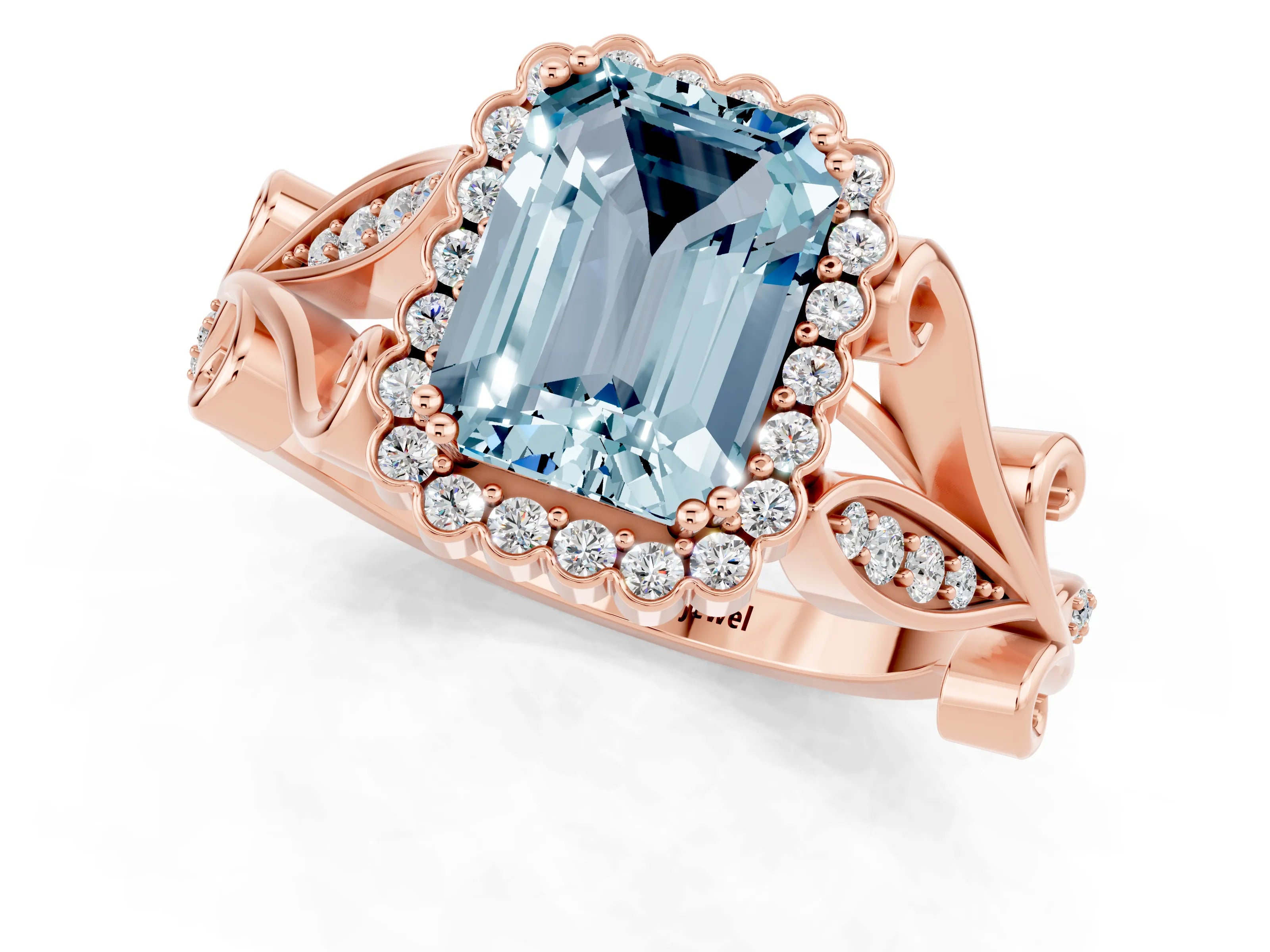 Rose gold Emerald Cut Aquamarine Halo Ring with Vintage Split Shank and Four-Prong Setting_1