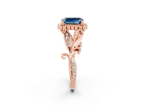 Rose gold Emerald Cut Aquamarine Halo Ring with Vintage Split Shank and Four-Prong Setting_2