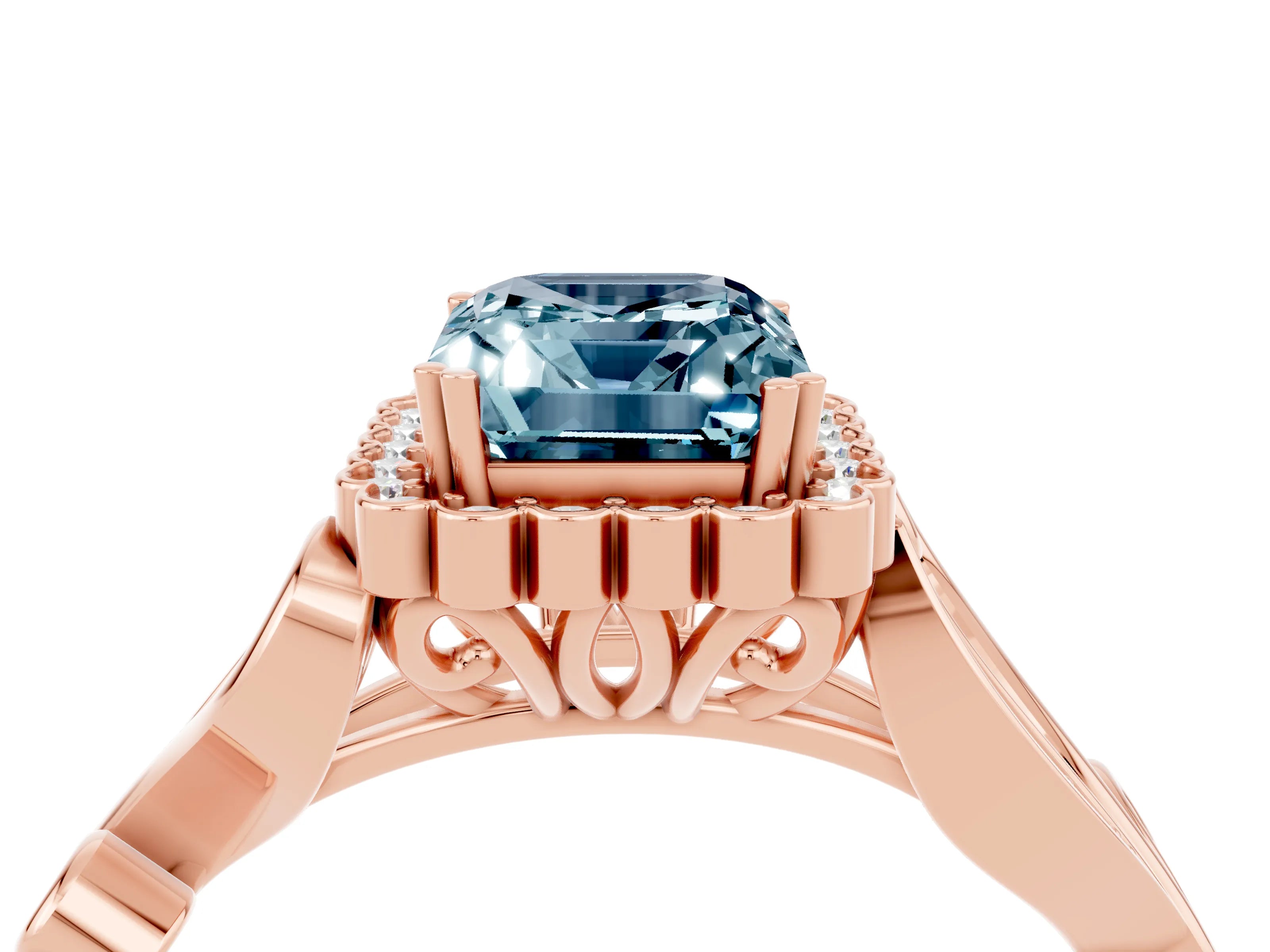 Rose gold Emerald Cut Aquamarine Halo Ring with Vintage Split Shank and Four-Prong Setting_4