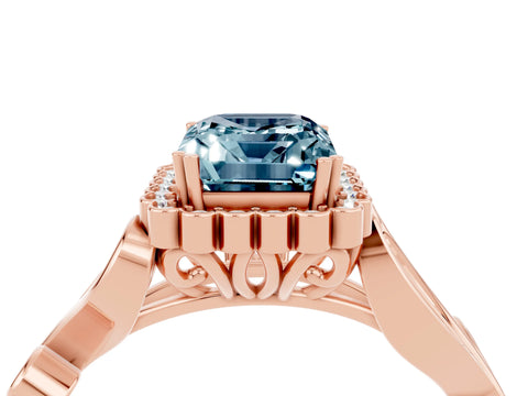 Rose gold Emerald Cut Aquamarine Halo Ring with Vintage Split Shank and Four-Prong Setting_4