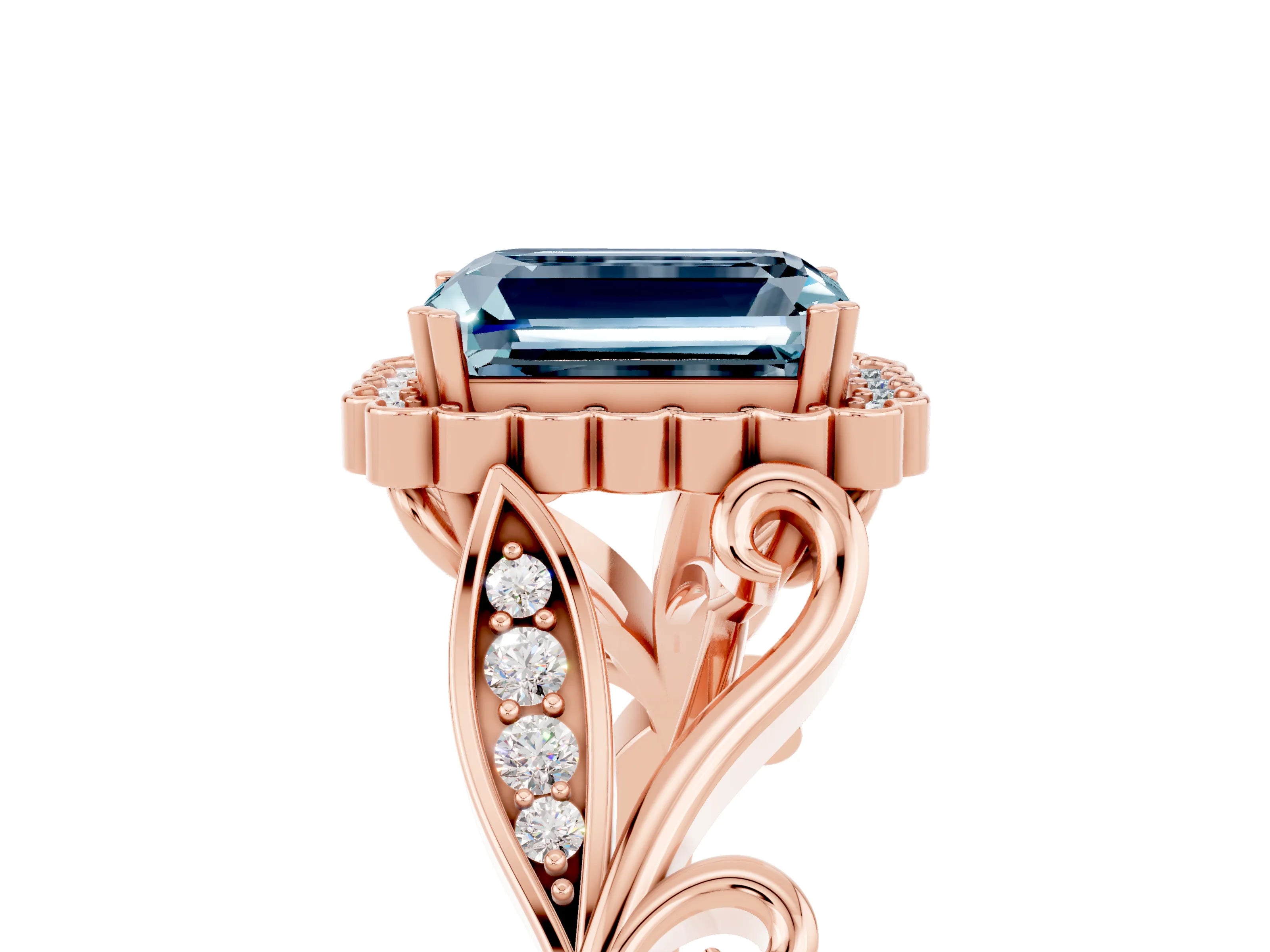 Rose gold Emerald Cut Aquamarine Halo Ring with Vintage Split Shank and Four-Prong Setting_5