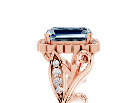 Rose gold Emerald Cut Aquamarine Halo Ring with Vintage Split Shank and Four-Prong Setting_5